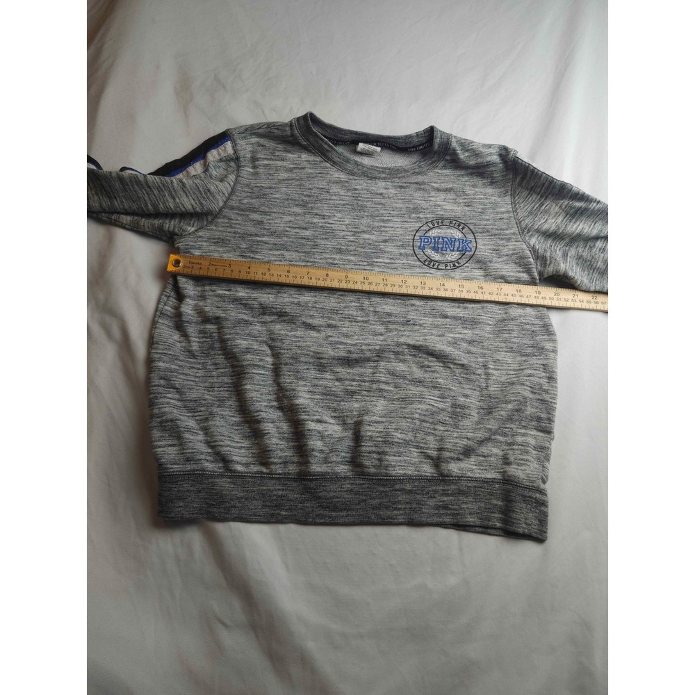 Pink Victoria's Secret Gray Marl Crewneck Sweatshirt Blue Sleeve Stripe Small - Picture 4 of 8